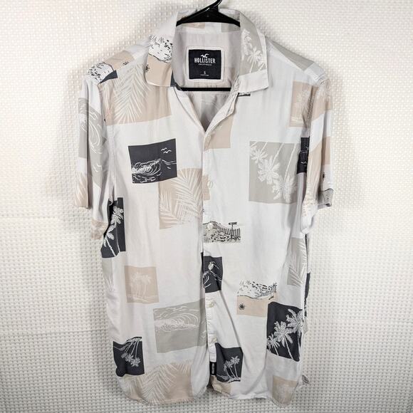 Hollister Men’s Small 100% Viscose Short Sleeve Shirt Beige Gray Surf Palm Print - Picture 1 of 5